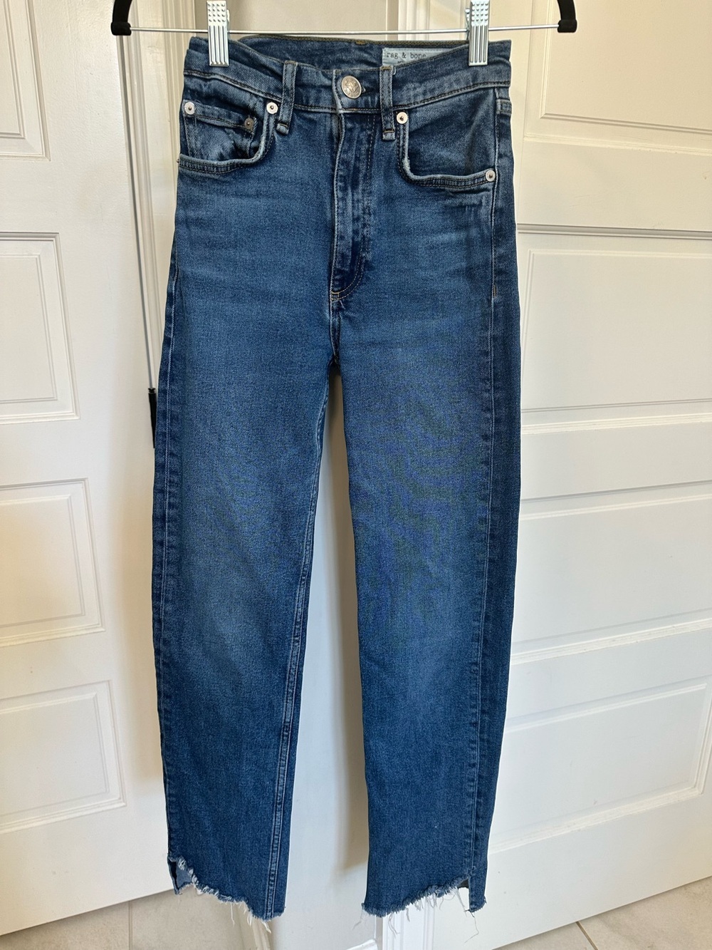 Rag & Bone Womens 23 Harlow Mid Rise Straight Jeans Blue Denim Stretch Raw Hem